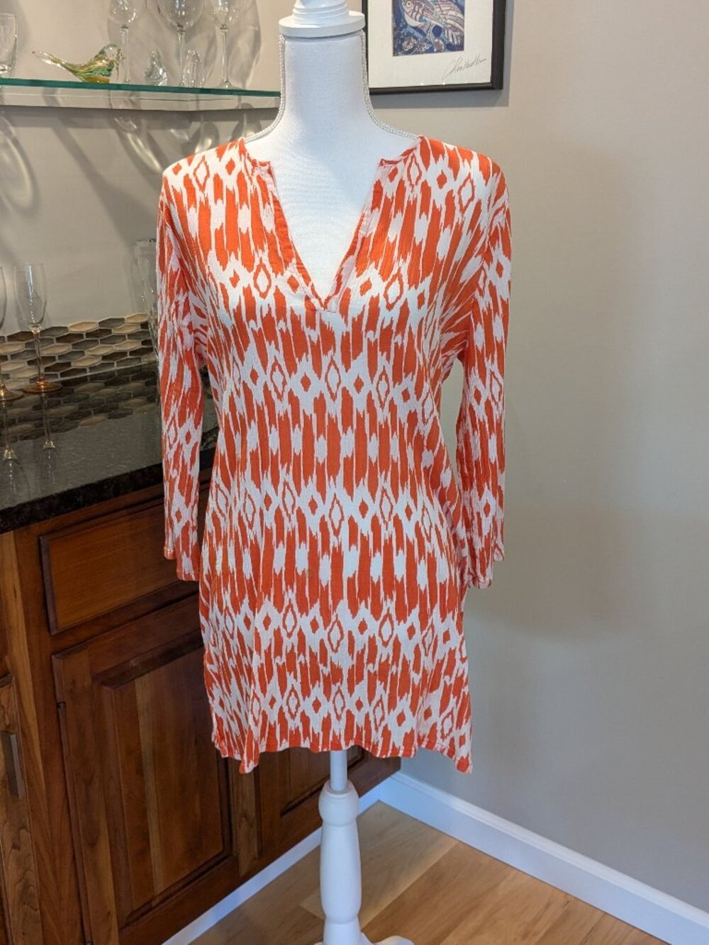 J Crew Sheer Long Tunic Blouse Coverup Oversized Orange and White Modern Pattern